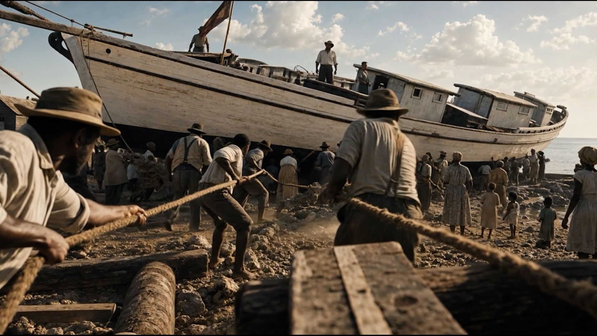 Men haul a wooden schooner up the beach on log rollers.