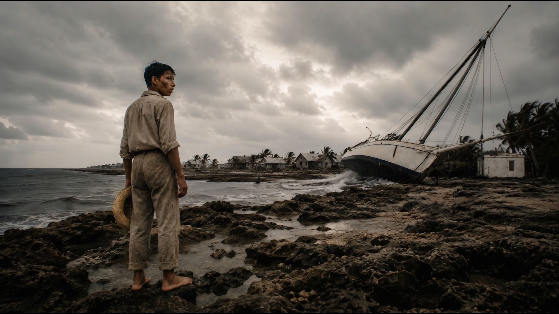 A boy on a rocky shore, a wrecked schooner beached behind him.