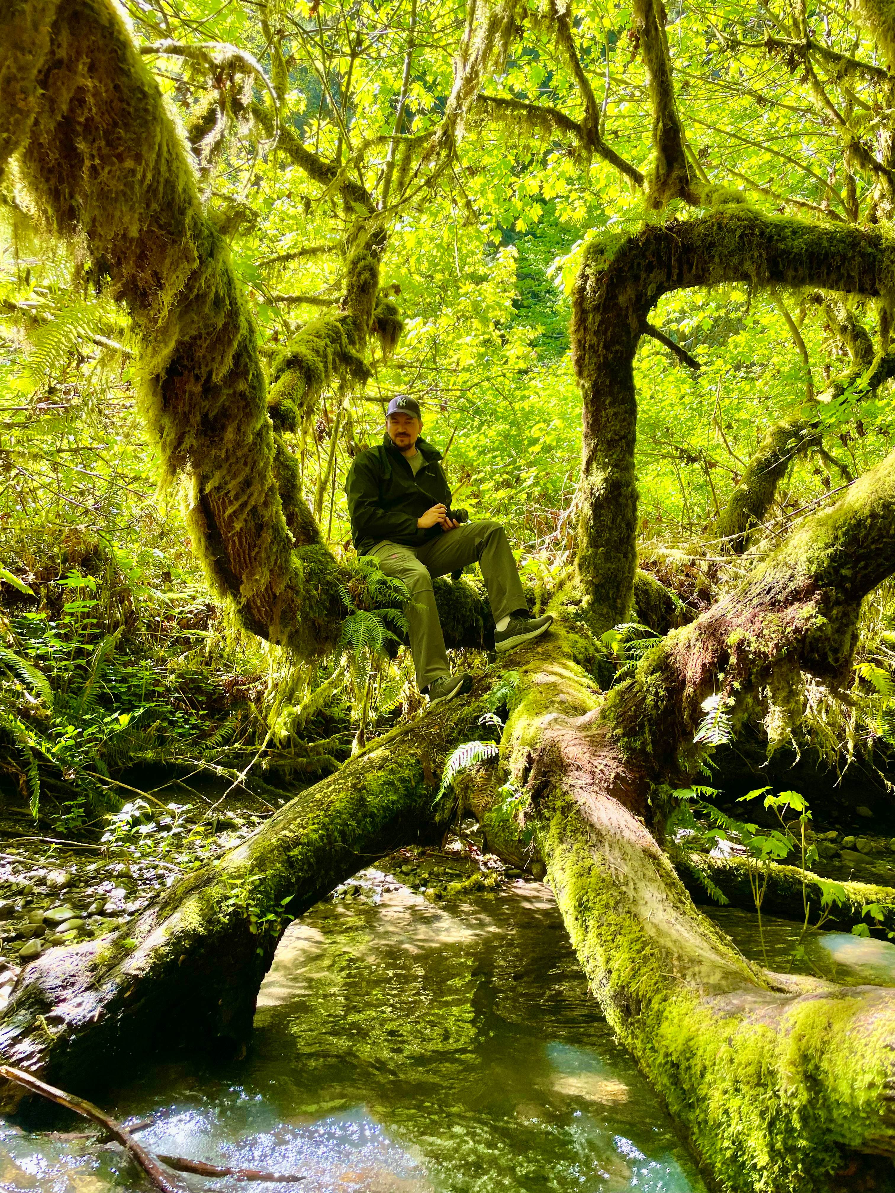 Sean Bodden sits on a moss-covered branch above a forest stream, holding a camera.
