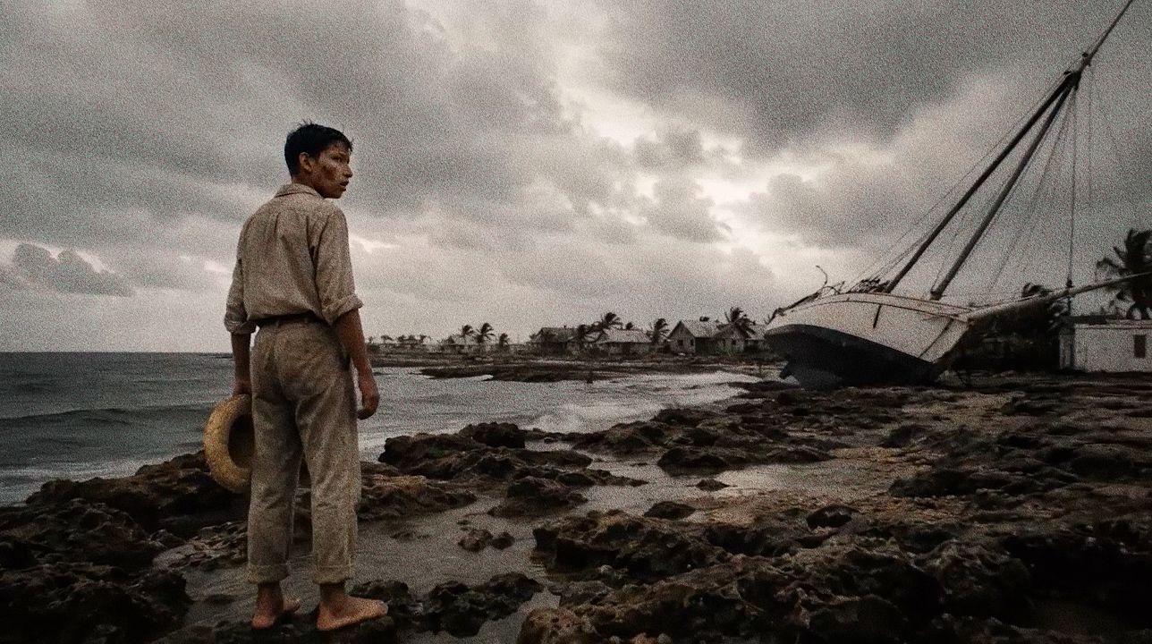 A boy on a rocky shore, a wrecked schooner beached behind him.