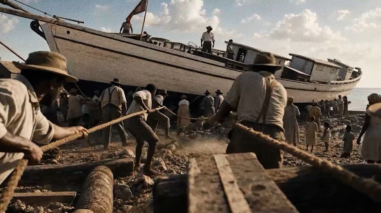 Men haul a wooden schooner up the beach on log rollers.