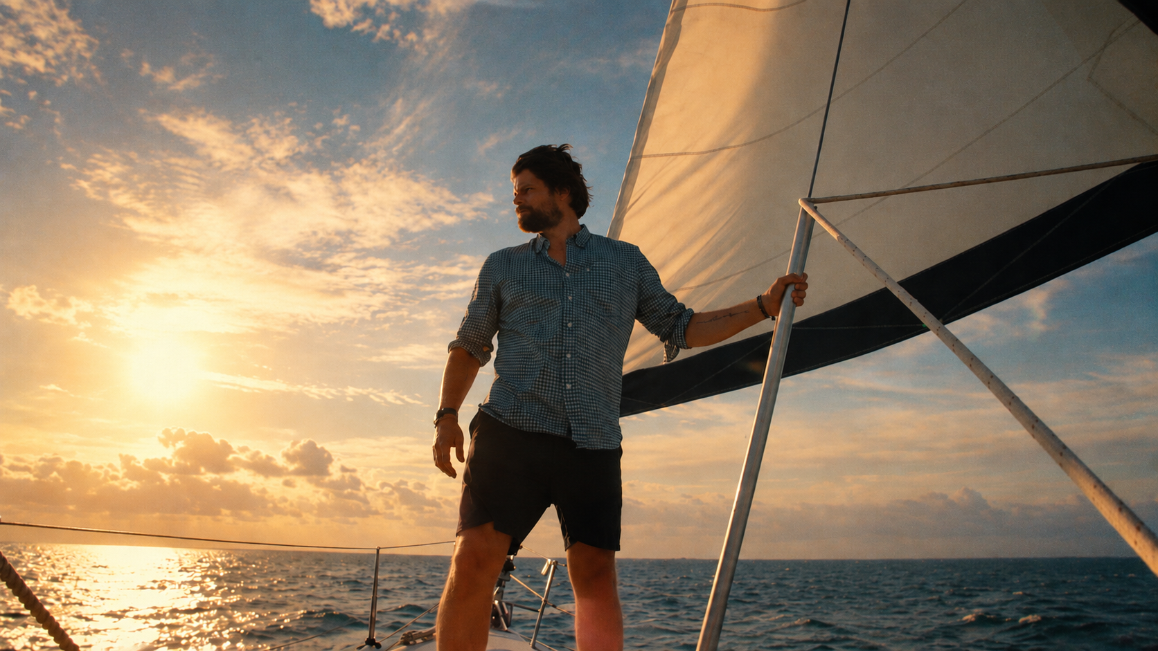 A man stands at the bow of a sailboat at sunset, holding the rigging.